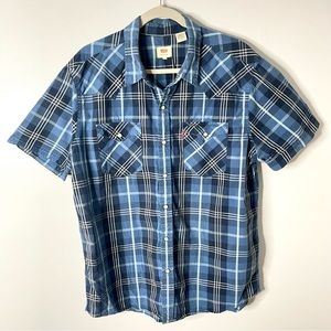Levi's Shirt Mens XL Blue Plaid Pearl Snap Rockabilly Western Short Sleeve